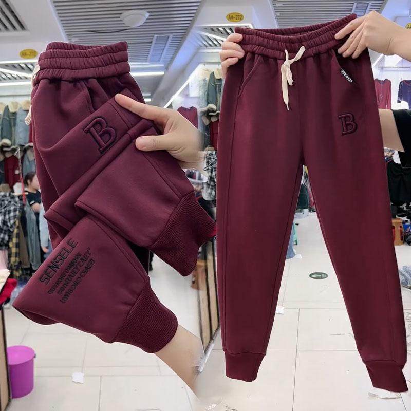 冬季新款加绒加厚休闲裤女宽松束脚哈伦裤刺绣时尚运动裤高腰卫裤