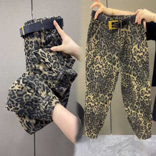 休闲裤 时尚 百搭哈伦裤 豹纹花女裤 牛仔裤 新款 九分显瘦老爹裤 潮 秋季