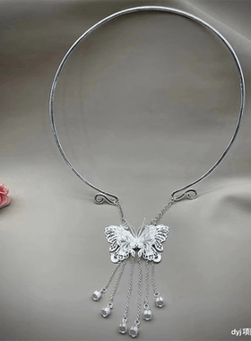 复古手工制花丝工艺镂空蝴蝶项坠银镀金古风项圈男女通用蝴蝶项圈