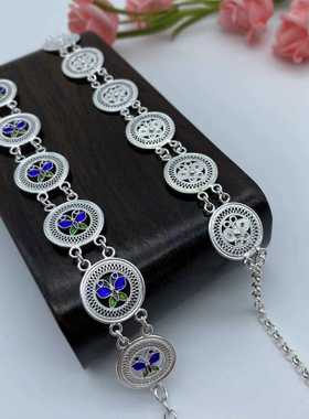 【银笙歌】99足银民族风手工拉丝铜鼓蝶银手链 珐琅彩制作送女友