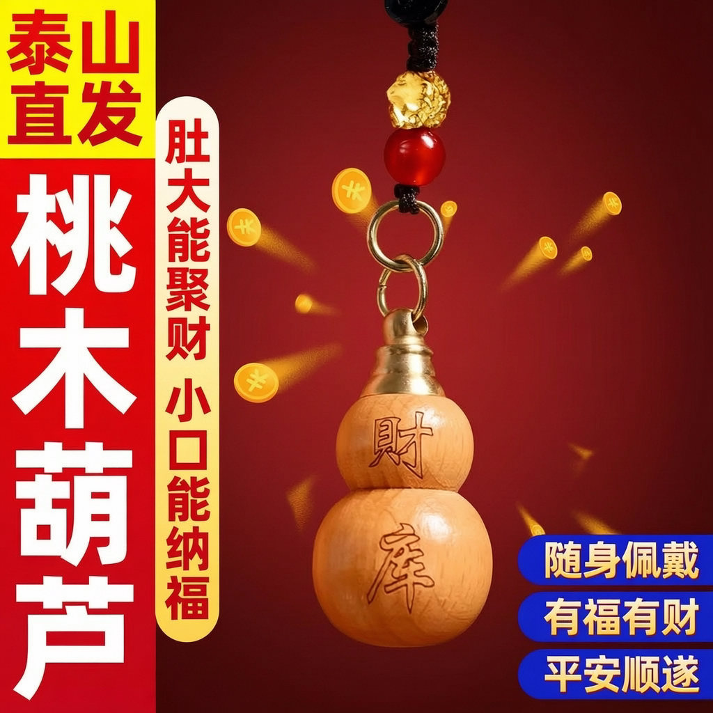 宏图好运【师傅推荐】桃木葫芦开财库聚财宝泰山直发汽车钥匙扣