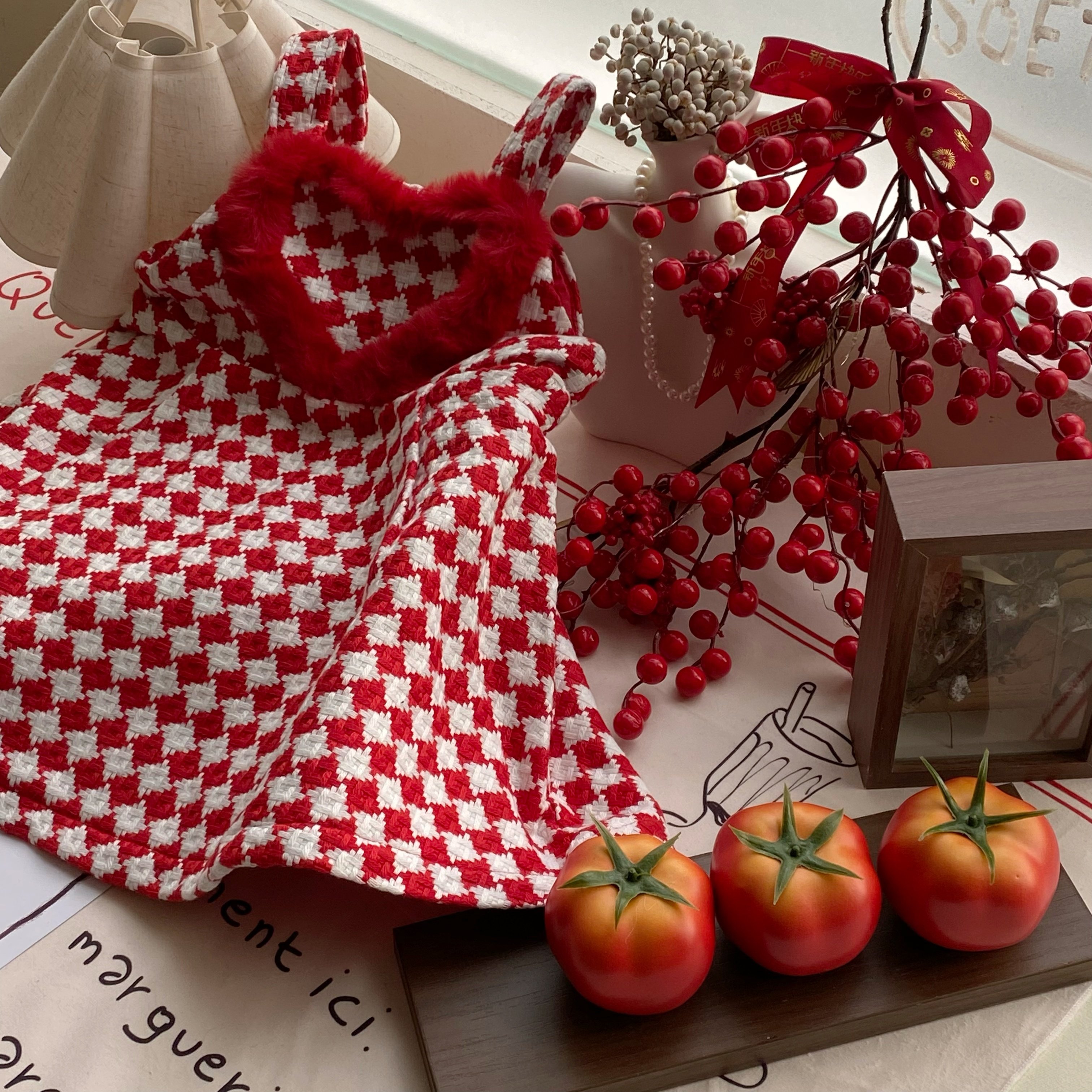 女童连衣裙冬季新款红色格子爱心背心裙甜美公主裙洋气夹棉裙子