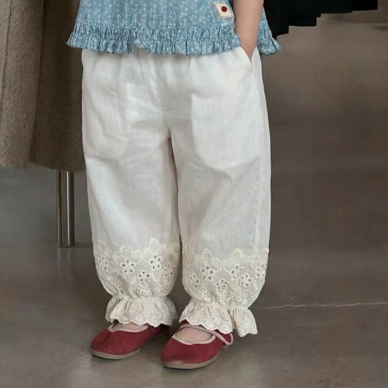 夏季女童杏色蕾丝束脚防蚊长裤