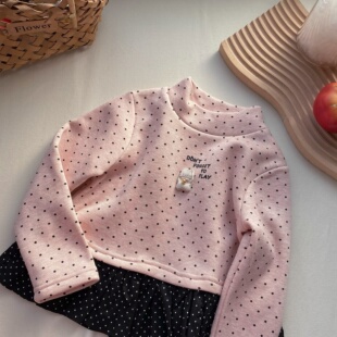 女童打底衫2025秋冬新款半高领波点洋气长袖T恤粉色卡通加绒上衣