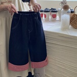 女童牛仔裤2025秋冬新款加绒韩版洋气格子拼接外穿裤子儿童直筒裤
