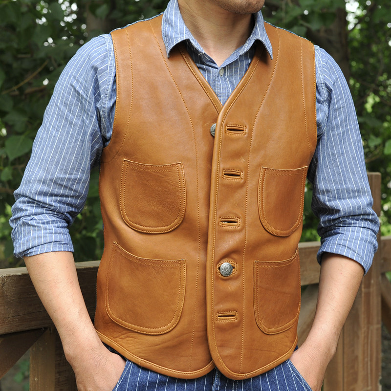 經典款綿羊皮真皮皮衣男士馬甲複刻RRL複古拼接撞色藍染布牛仔潮在類目 男裝, 皮衣中 - 來自Buy2taobao.com提供專業的淘寶代購服務