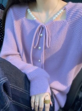 甜美风紫色蝴蝶结系带针织开衫女秋冬季新款时尚洋气百搭毛衣外套