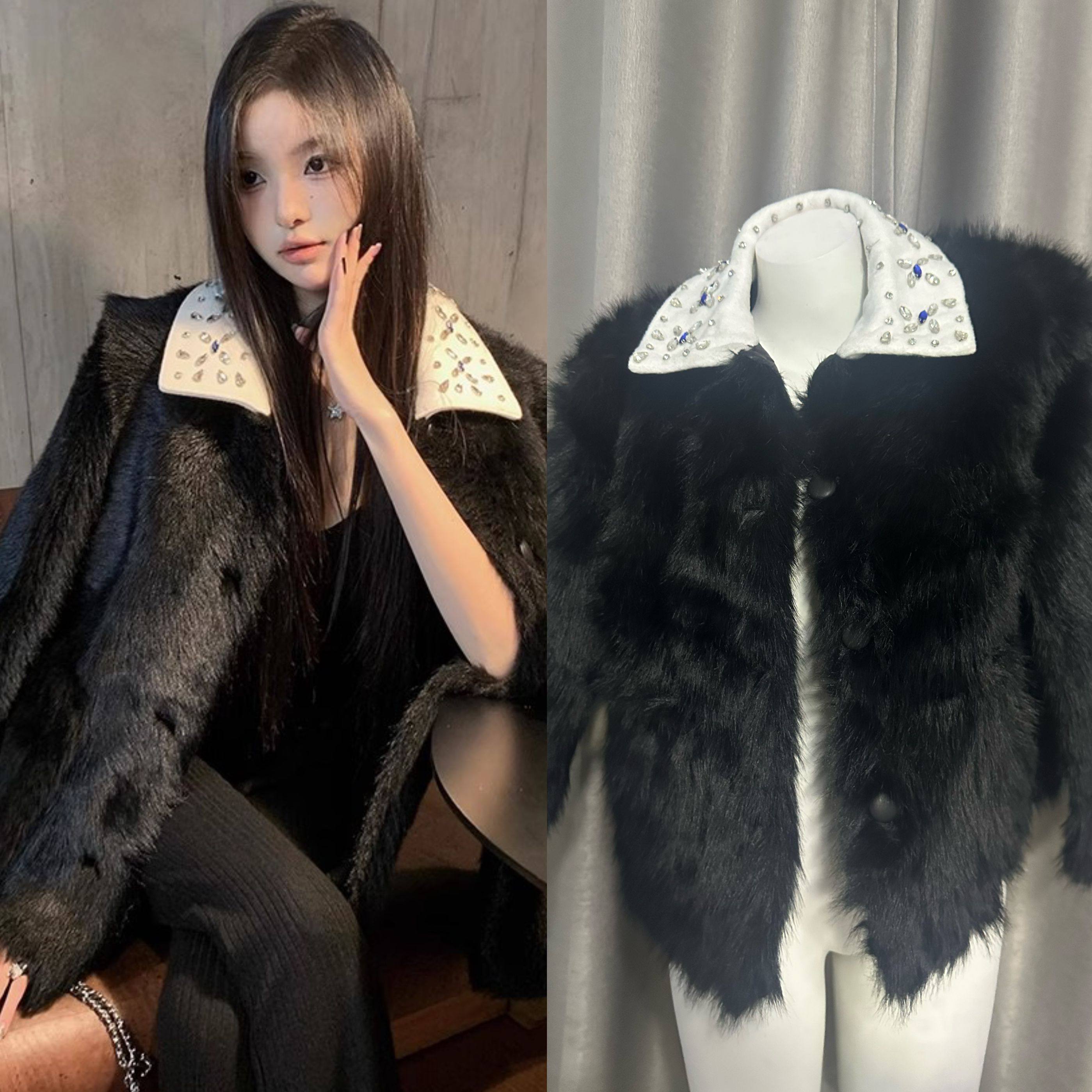 CHICYOU 留洋千金黑色名媛钻石领托卡皮草外套