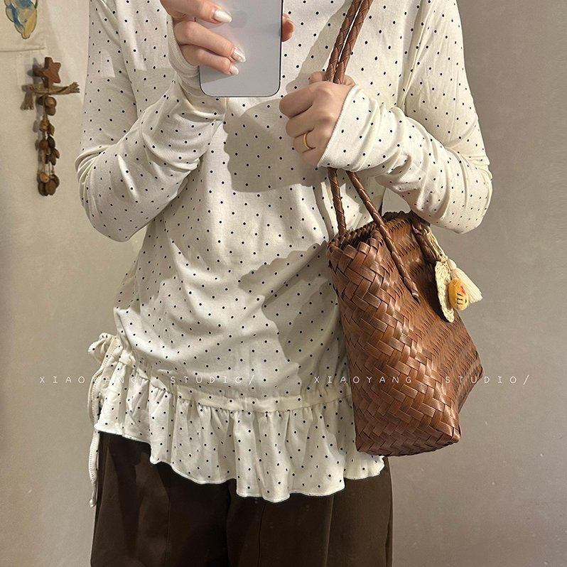 260克羊绒长袖t恤打底衫女装波点荷叶边春秋新款高领上衣