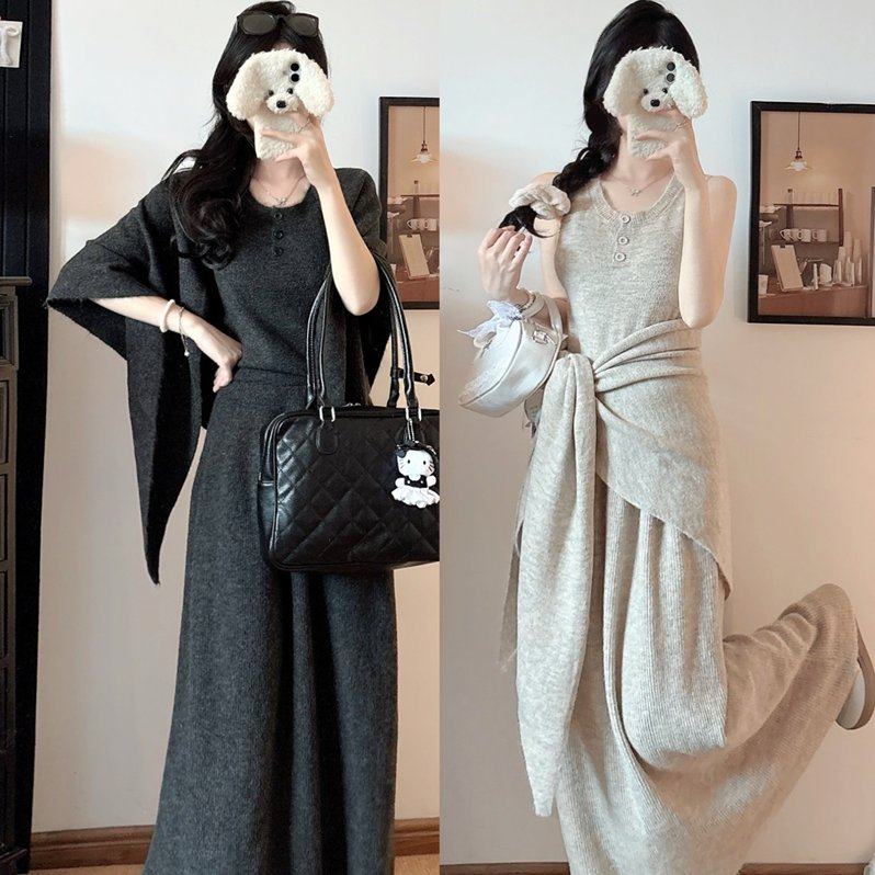 实拍大码女秋港风复古慵懒披肩高级感针织背心+高腰半身裙三件套,女装/女士精品,大码套装,淘宝优惠券,粉丝福利购,淘宝优惠卷