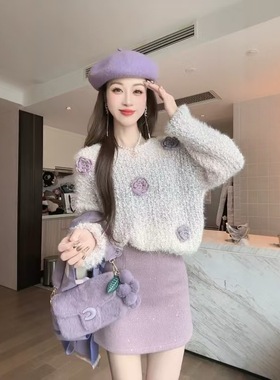 甜美温柔风紫色花朵毛衣女秋冬超好看韩系慵懒宽松针织衫打底上衣