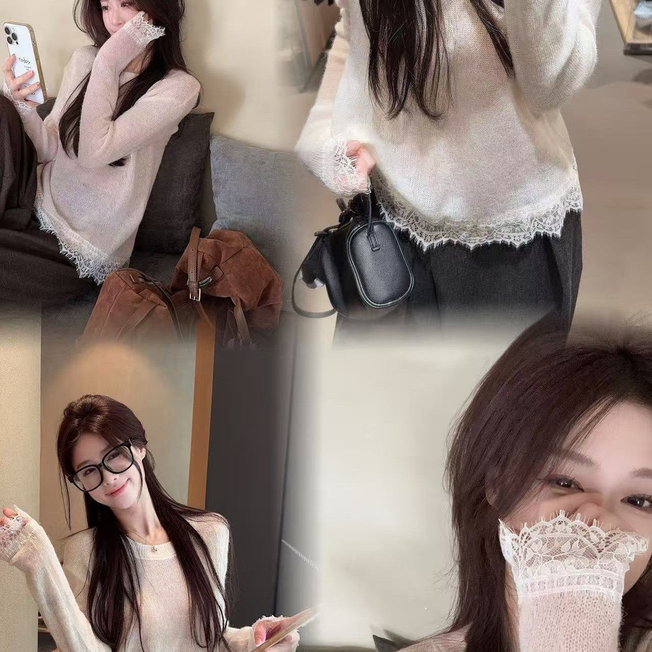 实拍 韩系丝光马海毛拼接蕾丝圆领内搭针织衫