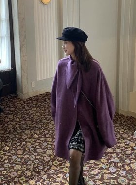iouiou 紫色双面羊毛大衣女秋冬高级感名媛气质兔耳朵设计感长款