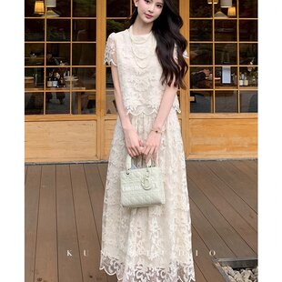 KUN倚春娇杏色重工绣花衬衫半身裙两件套装女气质显瘦夏季新