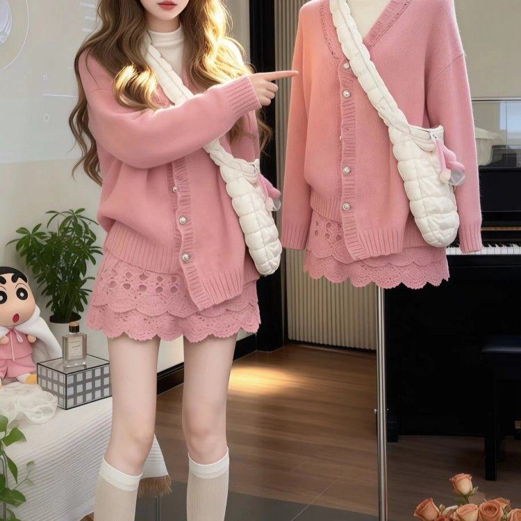 韩系穿搭套装减龄甜美温柔风粉色v领针织衫半身裙两件套2026春季,女装/女士精品,时尚套装,淘宝优惠券,粉丝福利购,淘宝优惠卷