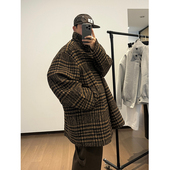 GWHEN 棕色格子宽松落肩羊毛呢立领毛呢廓形大衣外套 男女