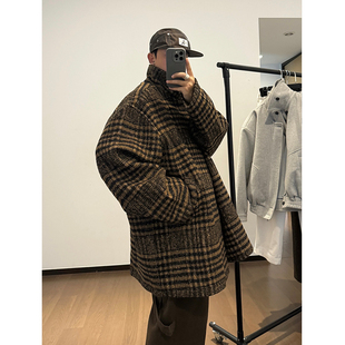 GWHEN 棕色格子宽松落肩羊毛呢立领毛呢廓形大衣外套 男女