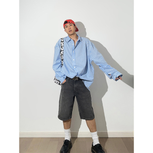 GWHEN 原创设计 复古宽松大版蓝色细格子防晒长袖衬衫 男女