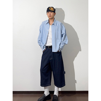 GWHEN 春夏简约短款蓝白色条纹长袖衬衫 男女