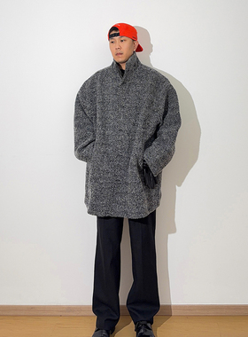GWHEN 羊毛昵圈圈毛杂灰色人字纹宽松 立领大衣慵懒感外套 男女