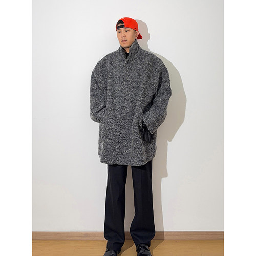 立领宽松人字纹羊毛呢男士大衣