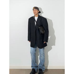 GWHEN  黑色高级感羊毛宽肩大翻领枪驳领 宽松西装外套 男女