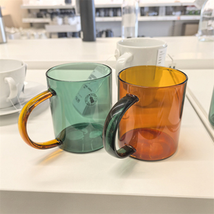 宜家斯库斯托玻璃杯子褐色绿色撞色茶杯饮料水杯咖啡大杯