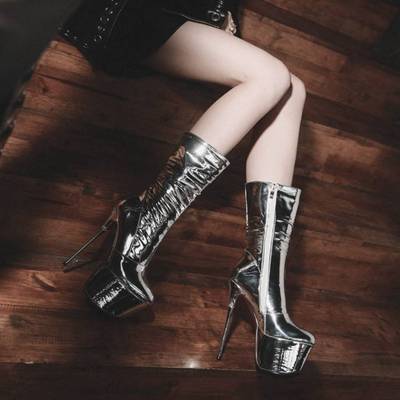 情趣伪娘变装大码圆头低筒短靴16厘米超高跟鞋恨天高细跟舞台演出