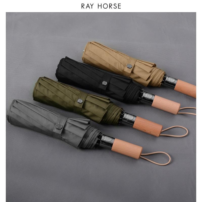 RAY HORSE纯色男士商务伞拼接木柄自动伞三折10骨晴雨伞