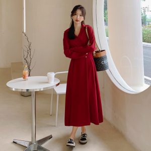 法式红色长袖衬衫连衣裙女春秋2025新款收腰显瘦气质高级感长裙子图片
