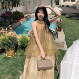 现货黄色假2件网纱连衣裙2C525-Q284-P125-K178，女装连衣裙，柒柒家