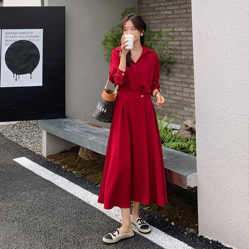 法式红色长袖衬衫连衣裙女春秋2025新款收腰显瘦气质高级感长裙子,女装连衣裙,柒柒家