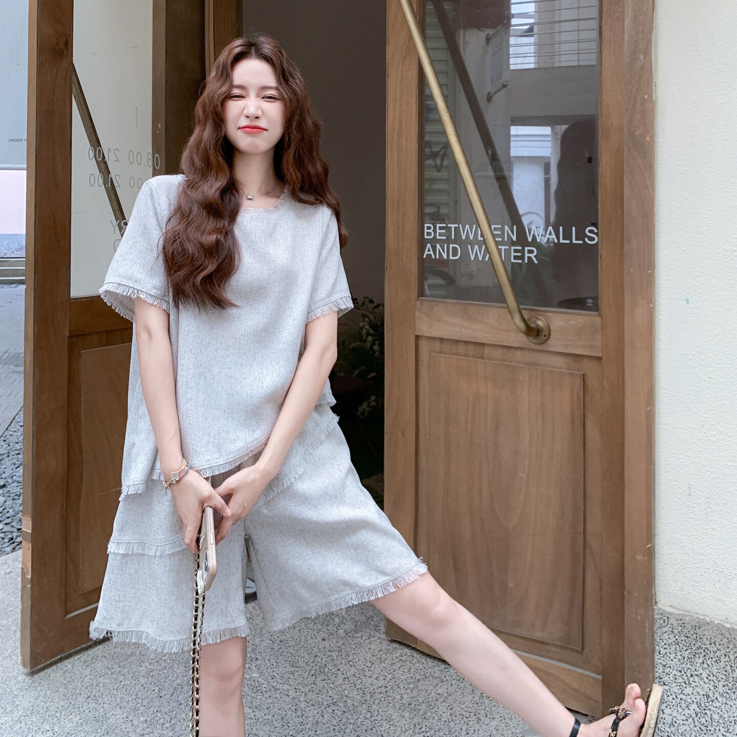 新款图大货亚麻短裤套装2C525-K653-P135-K198，女装套装/套裙，柒柒家