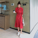 气质高级感红色格子衬衫连衣裙女春秋2025年新款秋装长袖鱼尾长裙，女装连衣裙，柒柒家