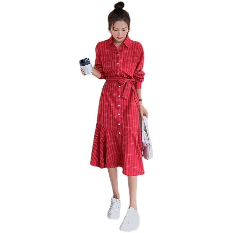 主推大货已出格子长袖连衣裙鱼尾裙087-Q91-P105-K158,女装连衣裙,柒柒家