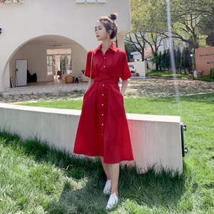 法式高级感红色衬衫连衣裙女夏2025新款收腰显瘦气质女神范长裙子图片
