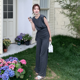 灰色捏褶圆领上衣一整套ootd穿搭女2025新款夏装直筒阔腿裤两件套，女装套装/套裙，柒柒家