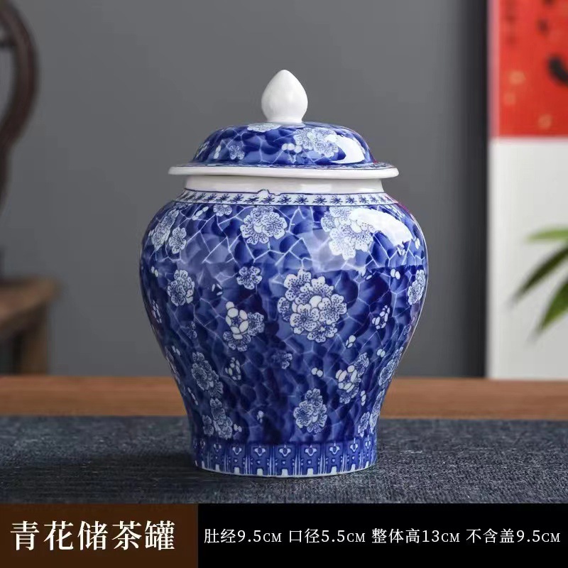 跨境青花瓷茶叶罐将军罐复古陶瓷茶道配件茶叶收纳罐防潮储茶罐密