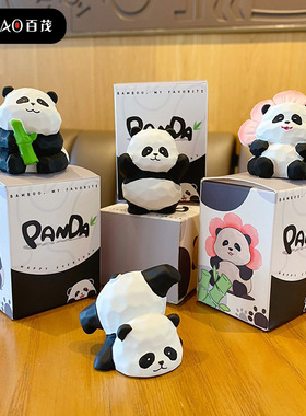 原创树脂木雕风可爱熊猫摆件创意精致熊猫花花家居桌面装饰品摆饰