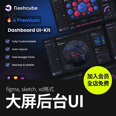 高级大屏数据分析后台界面多功能仪表板UI套件xd,sketch,fig素材