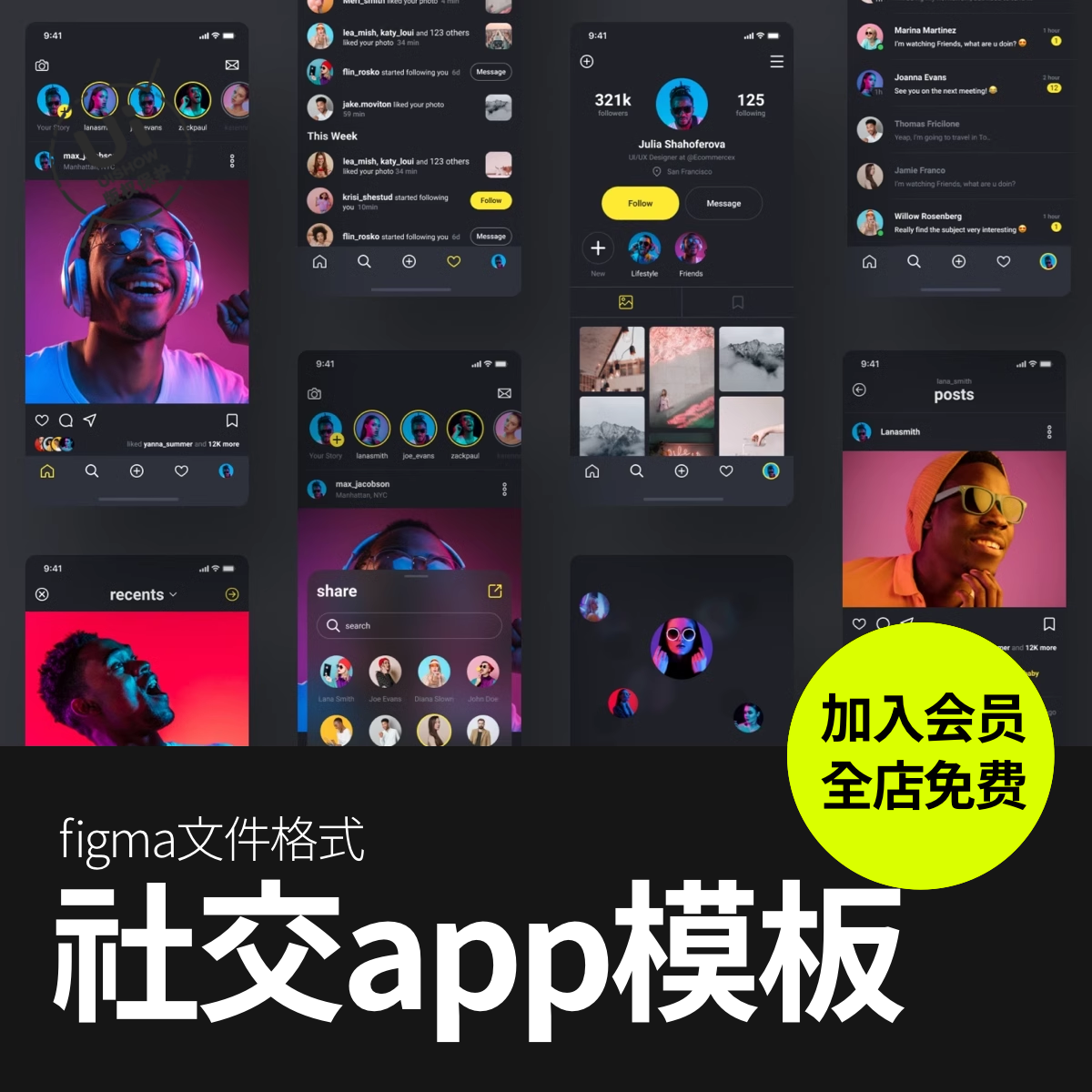 时尚社交约会交友聊天APP应用程序用户界面设计Figma模板ui素材