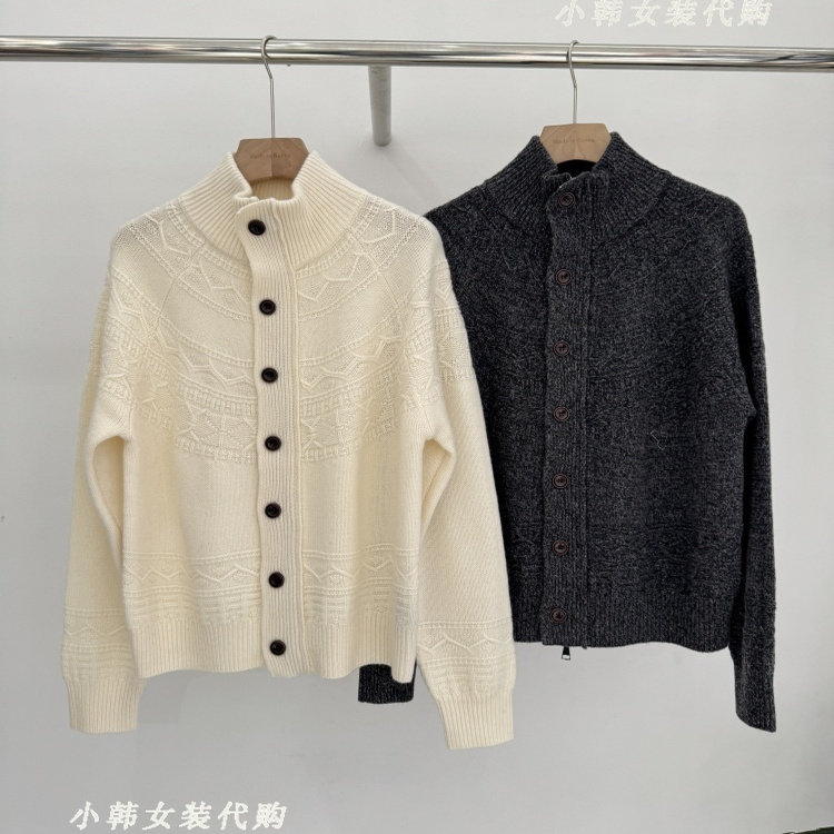韩国女装代购进口2025冬季麻花立领净色针织开衫羊毛针织衫毛衣