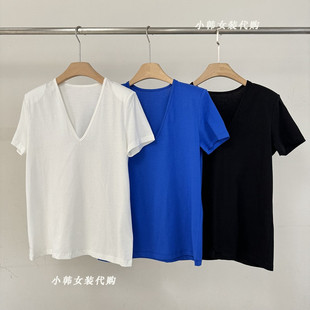棉质T恤Bu0197 欧洲站韩国进口女装 代购 2025夏款 V领垫肩净色短袖