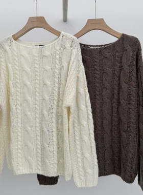 韩国代购进口RIVEROOM女装2025秋季新款麻花宽松净色针织衫毛衣