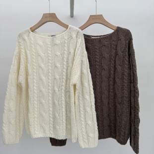韩国代购进口RIVEROOM女装2025秋季新款麻花宽松净色针织衫毛衣