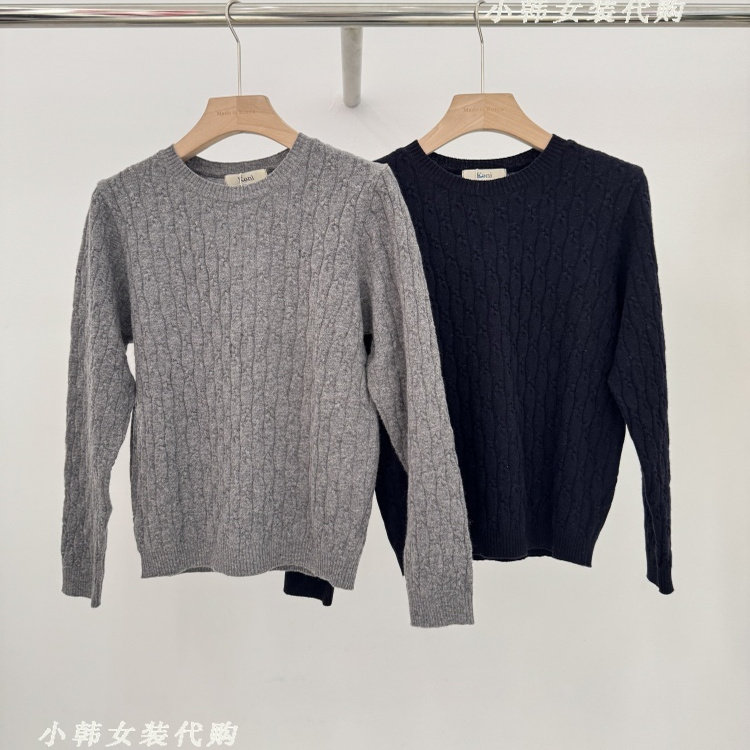 韩国进口Koni女装代购2025秋款圆领麻花净色套头羊毛针织衫毛衣