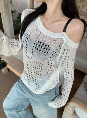 广州十三行夏季新款女装宽松斜领吊带透视镂空天丝女式针织衫W863