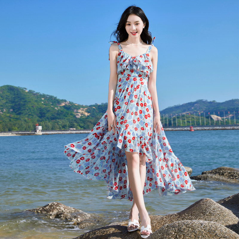 少女海边度假沙滩裙前短后长不规连衣裙