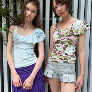 【illit同款】9266studio 立体花朵斜肩吊带背心设计感荷叶边上衣