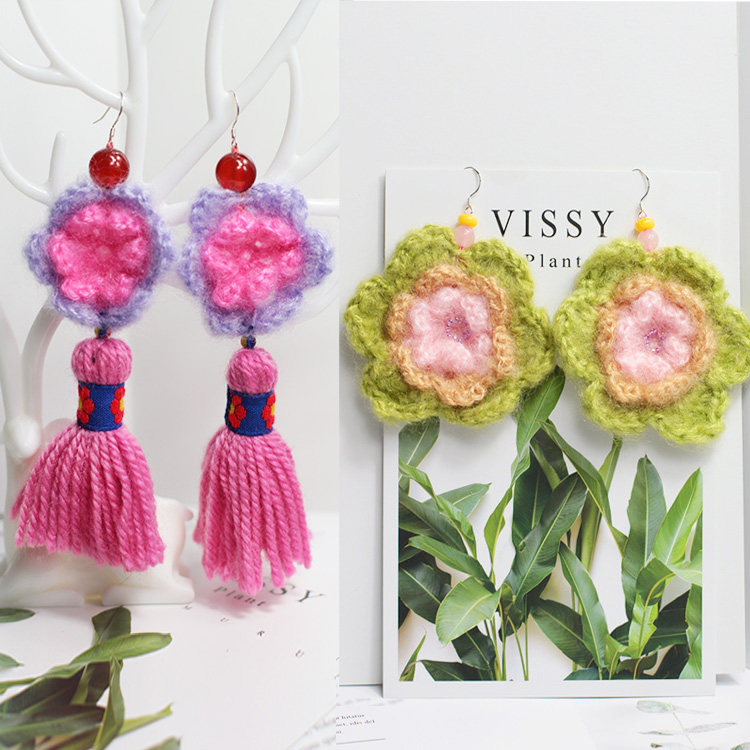 原创手作制作森女系耳饰马海毛钩花925银耳勾毛线长款流苏大耳环